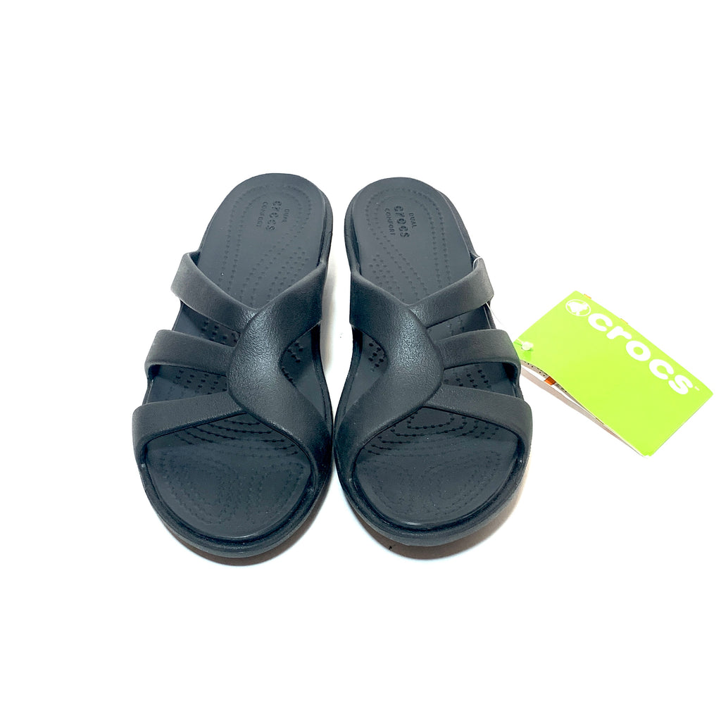Crocs 'Sanrah' Black Strappy Wedge Sandals | Brand New |