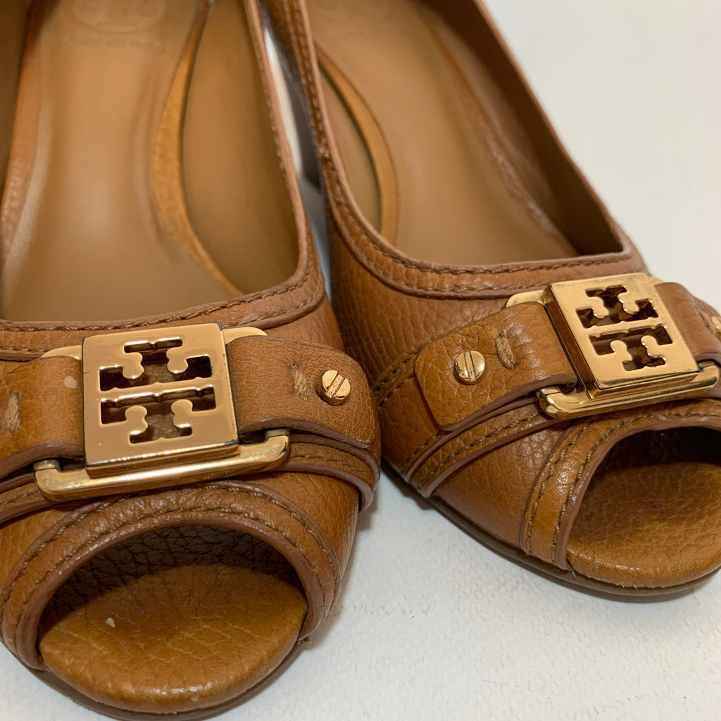 Tory Burch 'Carnell' Tan Leather Peep-toe Wedges | Pre Loved |