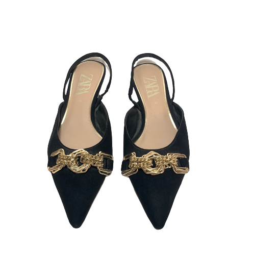 ZARA Black Suede & Gold Chain Pointed Kitten Heels | Pre Loved |