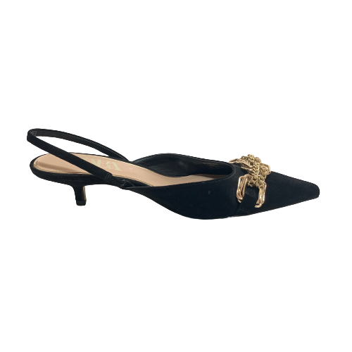 ZARA Black Suede & Gold Chain Pointed Kitten Heels | Pre Loved |