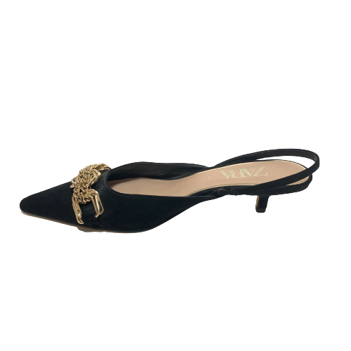 ZARA Black Suede & Gold Chain Pointed Kitten Heels | Pre Loved |