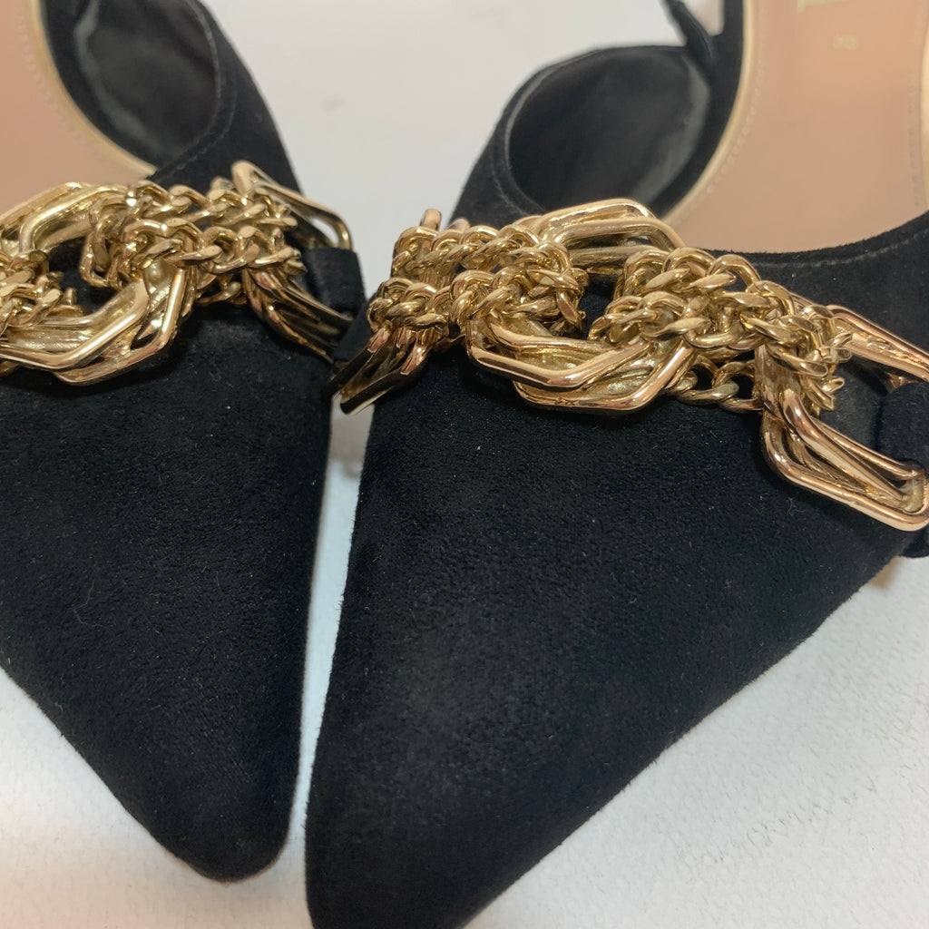 ZARA Black Suede & Gold Chain Pointed Kitten Heels | Pre Loved |