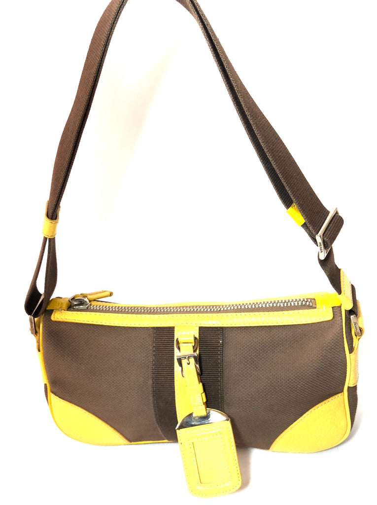 Prada Brown Canvas with Yellow Leather Trim Shoulder Bag | Pre Loved |