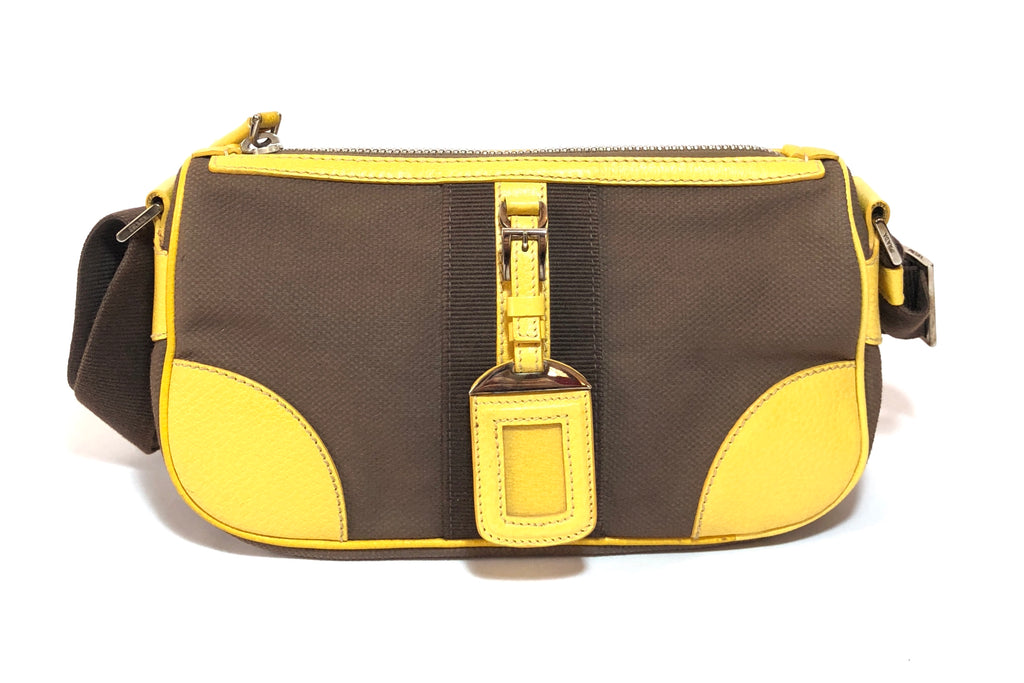 Prada Brown Canvas with Yellow Leather Trim Shoulder Bag | Pre Loved |
