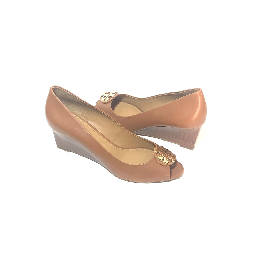 Tory Burch Tan 'Claire' Peep-Toe Wedges | Brand New |