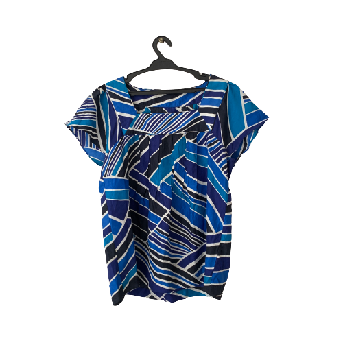 Blue & Black Patterned Silk Short-sleeved Top