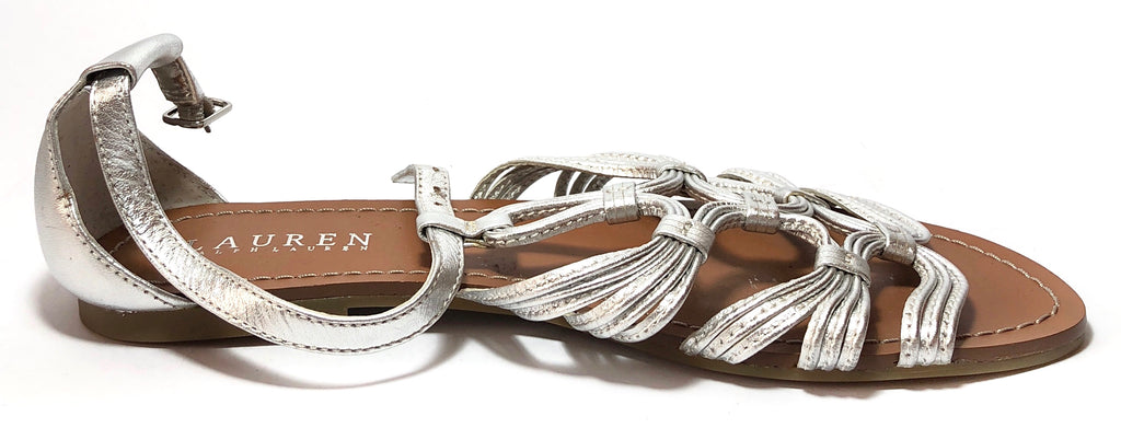 LAUREN Ralph Lauren Silver Leather Multi Strap Flats | Like New |
