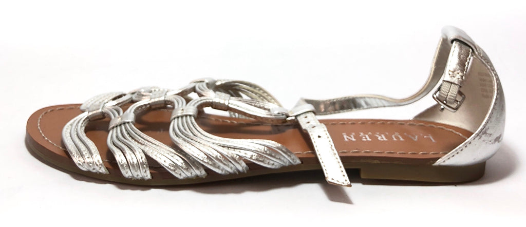 LAUREN Ralph Lauren Silver Leather Multi Strap Flats | Like New |