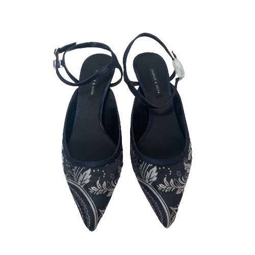 Charles & Keith Navy & Silver Printed Pointed Heels  | Like New |