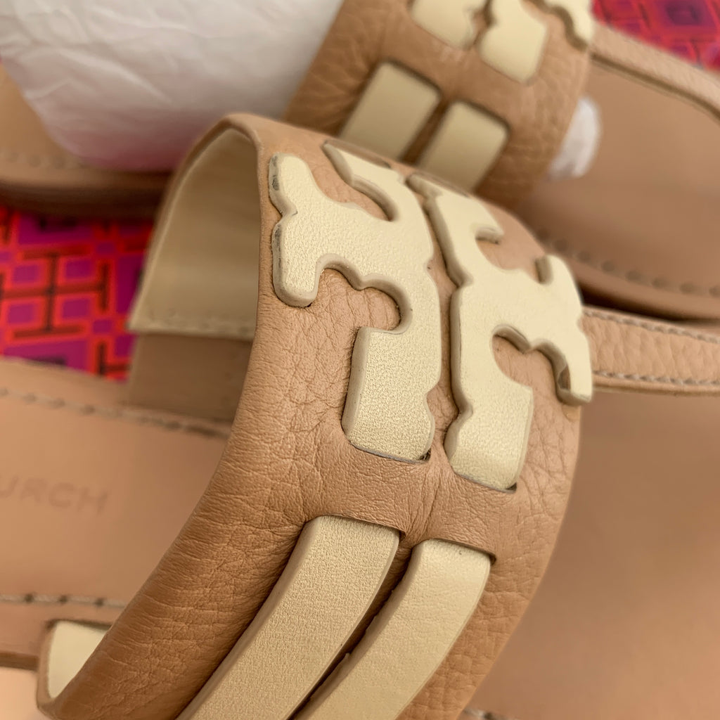 Tory Burch Beige Leather 'Leigh' Thong Sandals | Brand New |