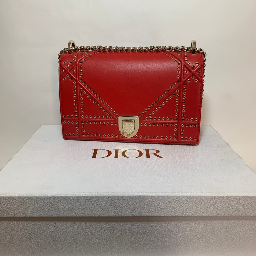 DIOR 'Diorama' Red Leather Gold Eyelets Flap Bag | Gently Used |