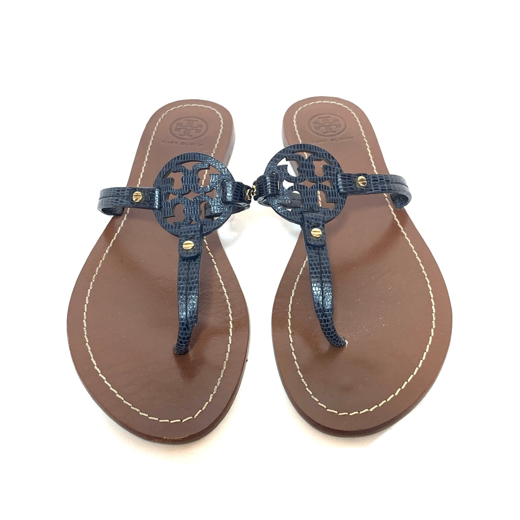 Tory Burch Navy Croc Embossed Mini Miller Leather Sandals | Pre Loved |