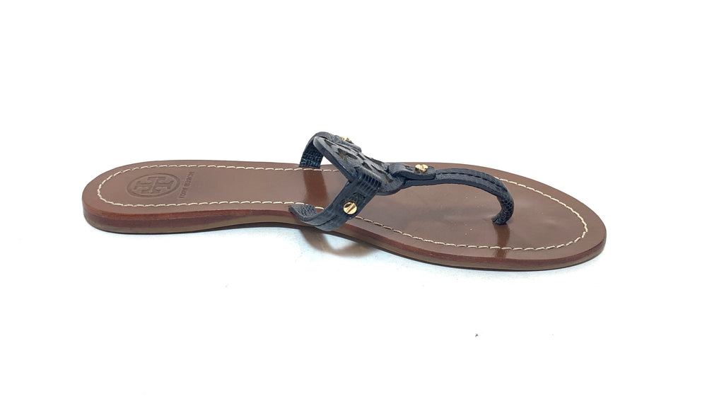 Tory Burch Navy Croc Embossed Mini Miller Leather Sandals | Pre Loved |