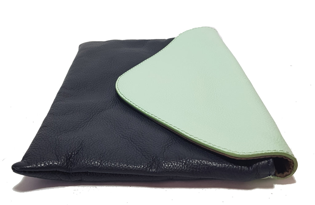 J.Crew Mint Green & Navy Pebbled Leather Clutch | Like New |