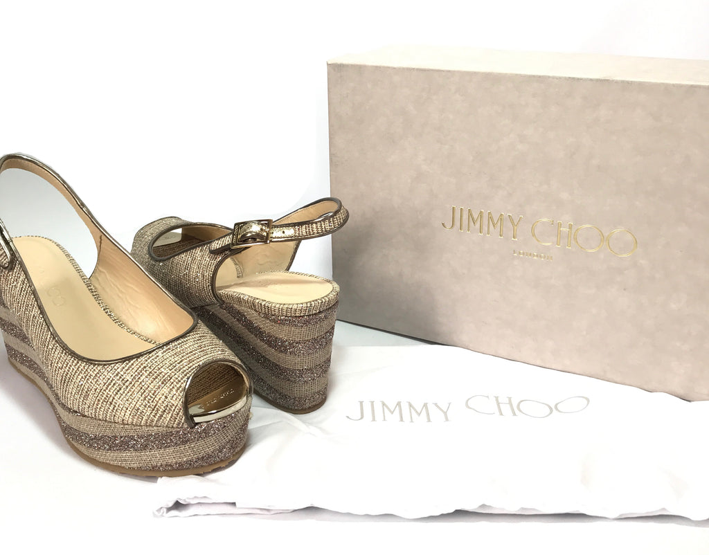 Jimmy Choo 'PRAISE' Beige Glitter Wedges | Brand New |