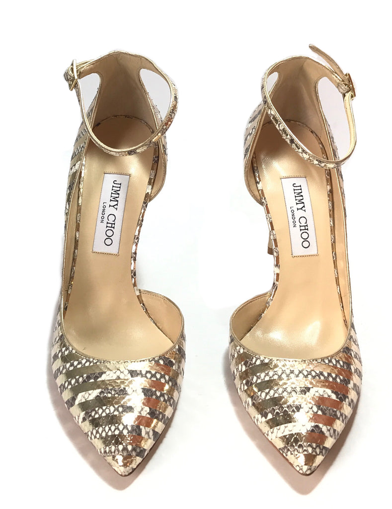 Jimmy Choo LUCY 100 Striped Metallic Gold Python Heels | Like New |