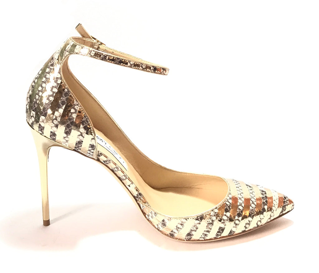 Jimmy Choo LUCY 100 Striped Metallic Gold Python Heels | Like New |