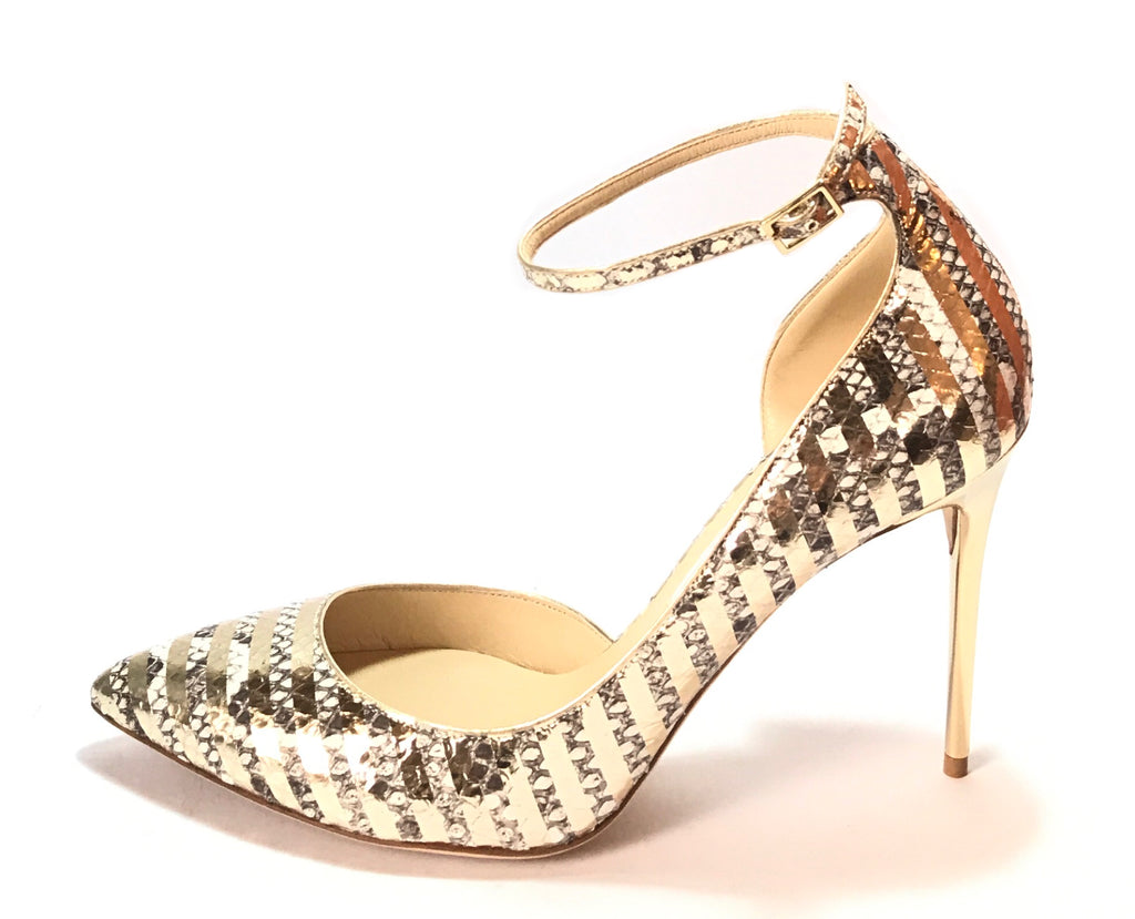 Jimmy Choo LUCY 100 Striped Metallic Gold Python Heels | Like New |