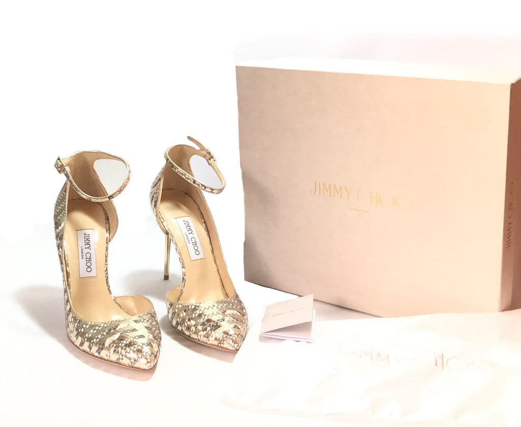 Jimmy Choo LUCY 100 Striped Metallic Gold Python Heels | Like New |
