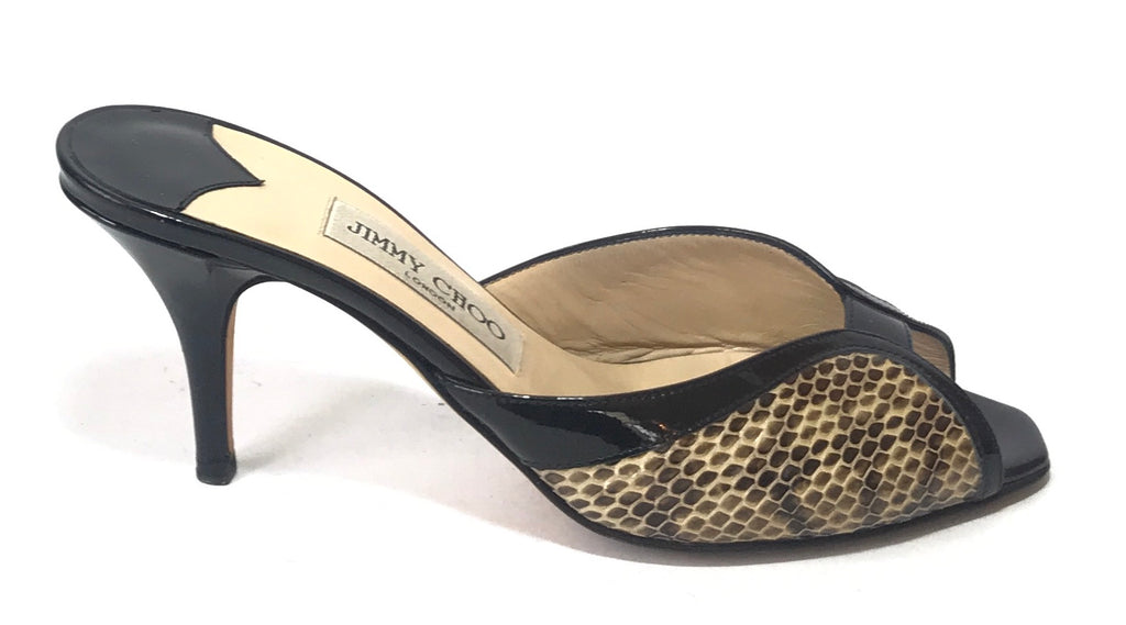 Jimmy Choo Snakeskin Print & Black Leather Peep Toe Heels | Gently Used |