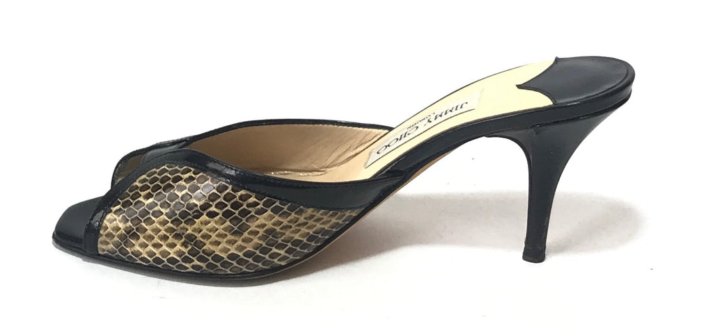 Jimmy Choo Snakeskin Print & Black Leather Peep Toe Heels | Gently Used |