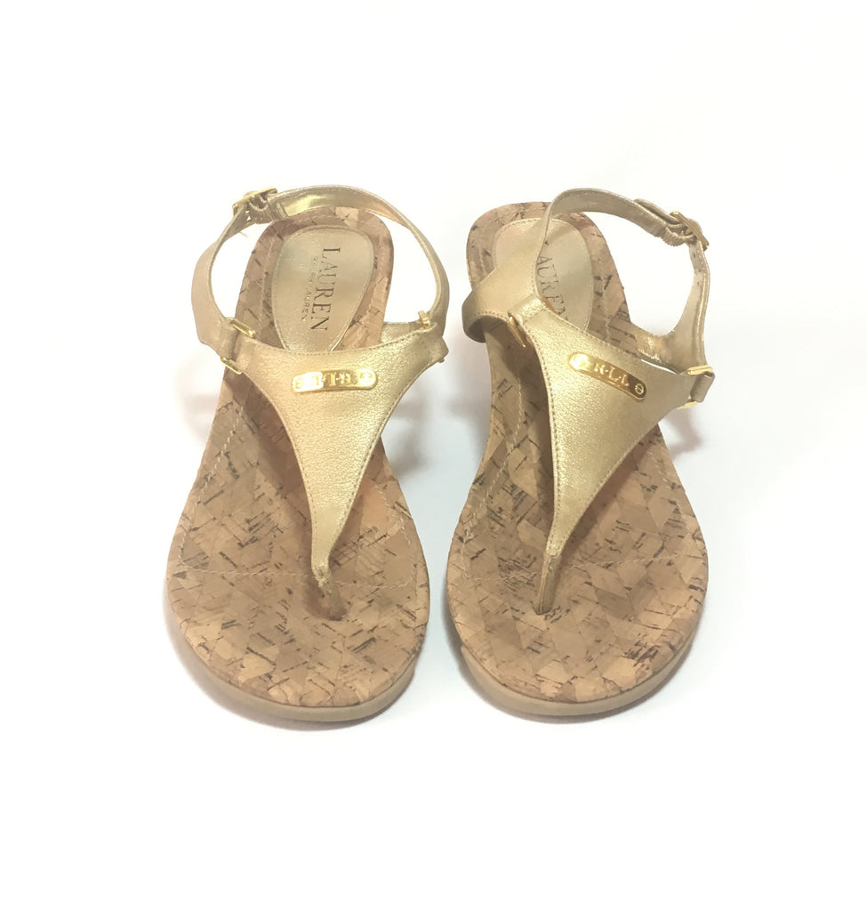 LAUREN Ralph Lauren Gold Thong Wedge Sandals | Like New |