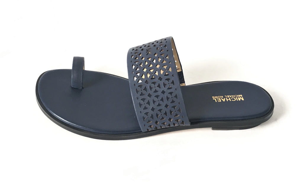 MICHAEL Michael Kors Navy Blue Leather 'Sonya' Toe Ring Sandals | Brand New |
