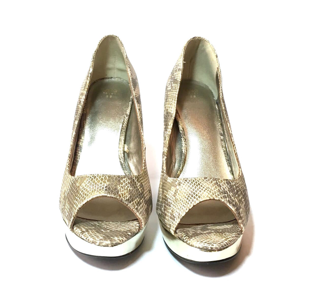 MANGO Snakeskin Peep-toe & Gold Platform Heels | Pre Loved |