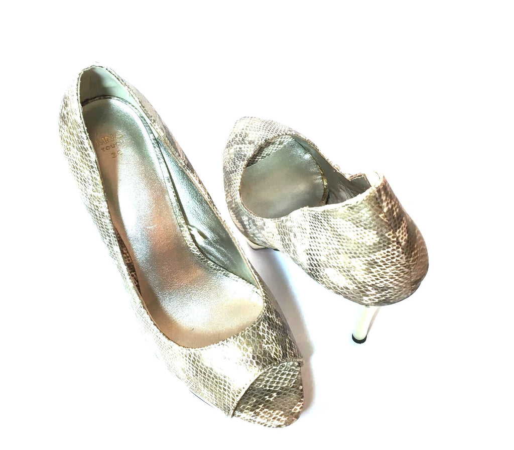 MANGO Snakeskin Peep-toe & Gold Platform Heels | Pre Loved |