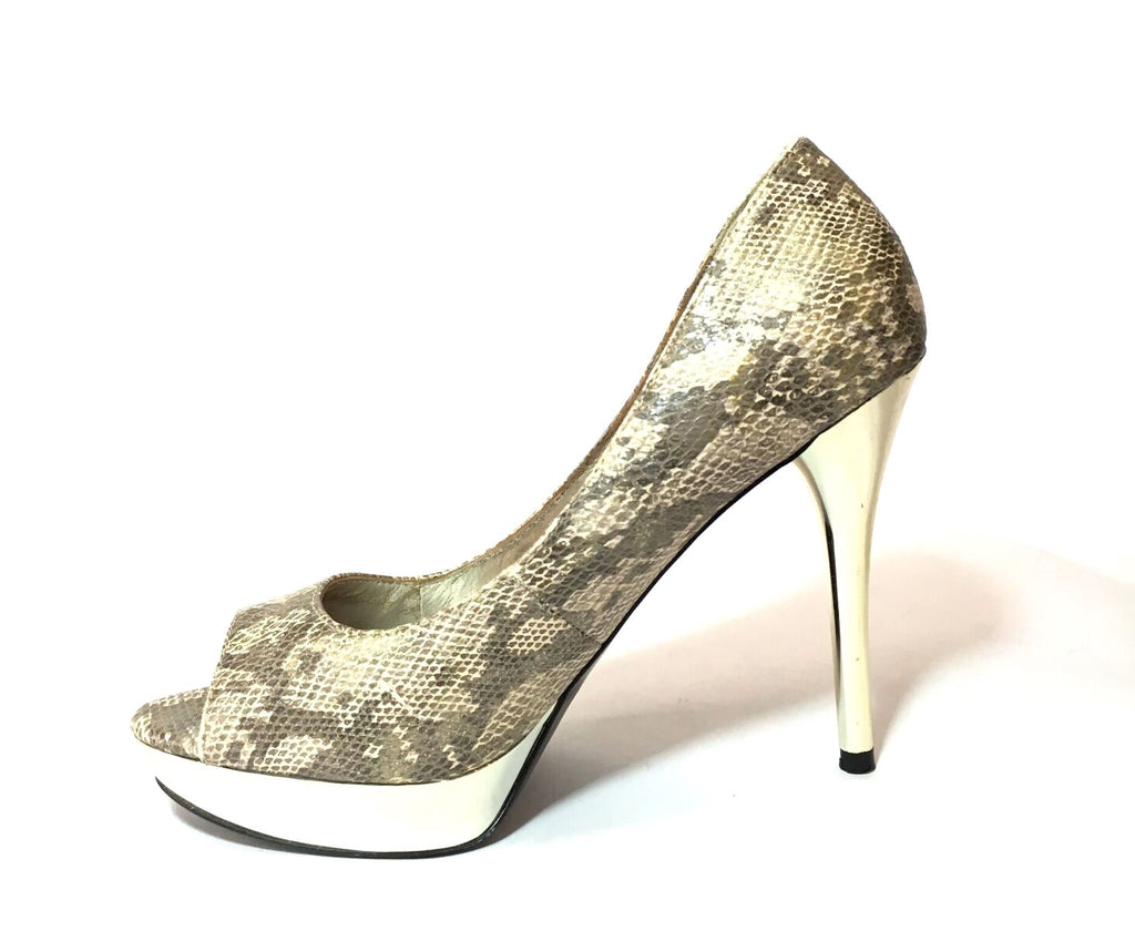 MANGO Snakeskin Peep-toe & Gold Platform Heels | Pre Loved |
