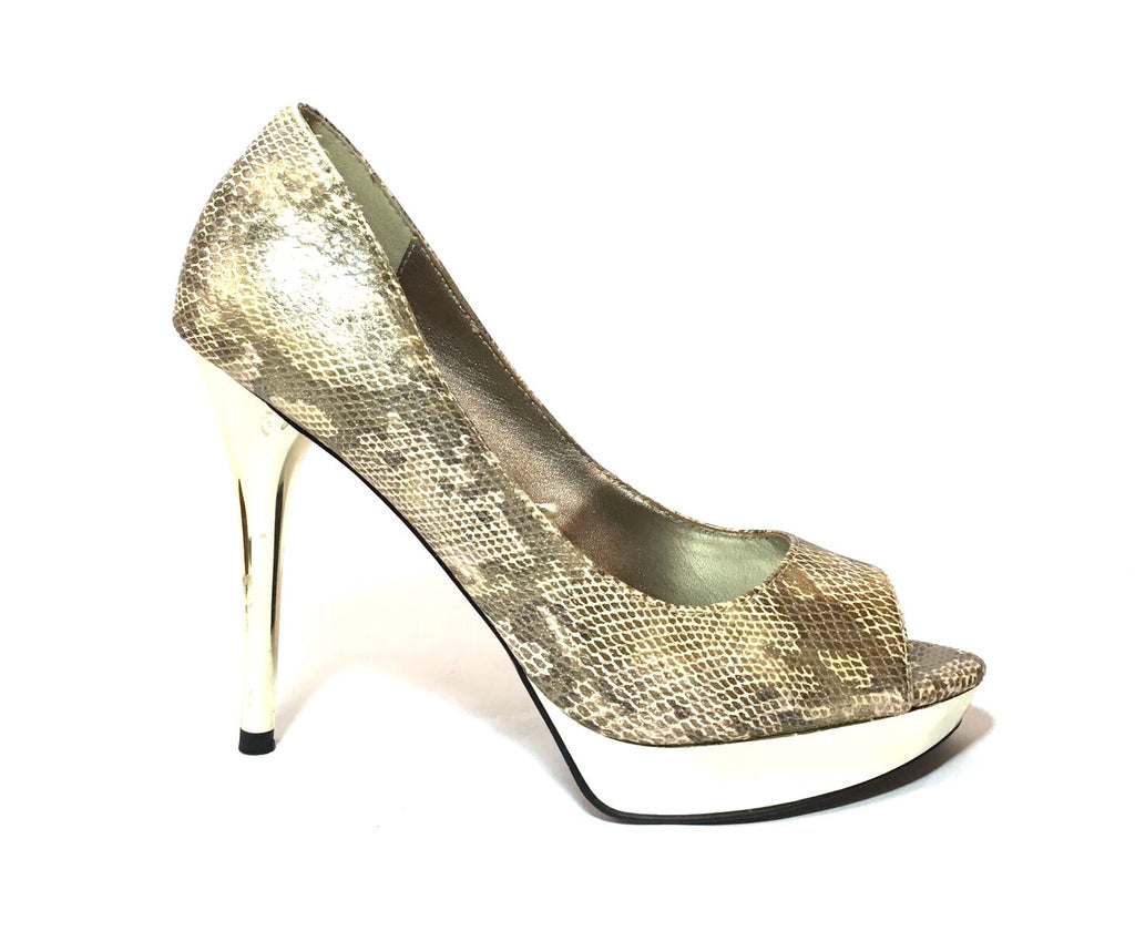 MANGO Snakeskin Peep-toe & Gold Platform Heels | Pre Loved |
