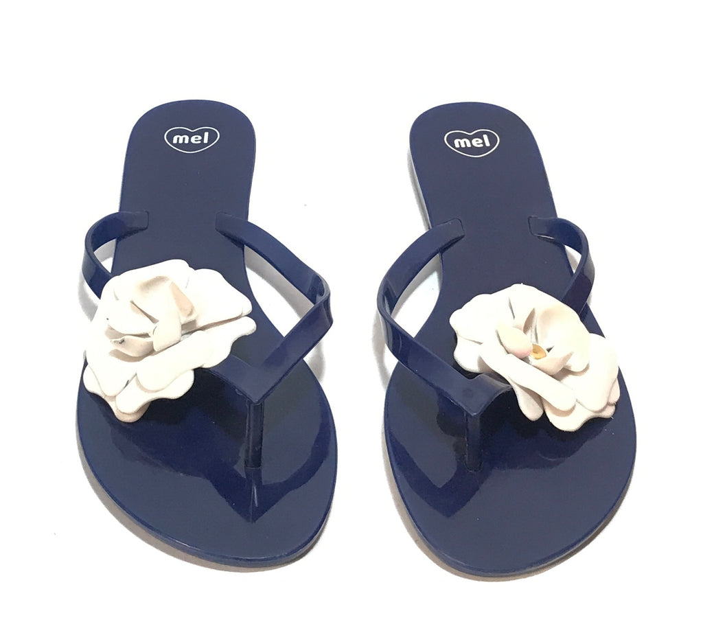 Melissa Navy Blue White Flower Jelly Sandals | Pre Loved |
