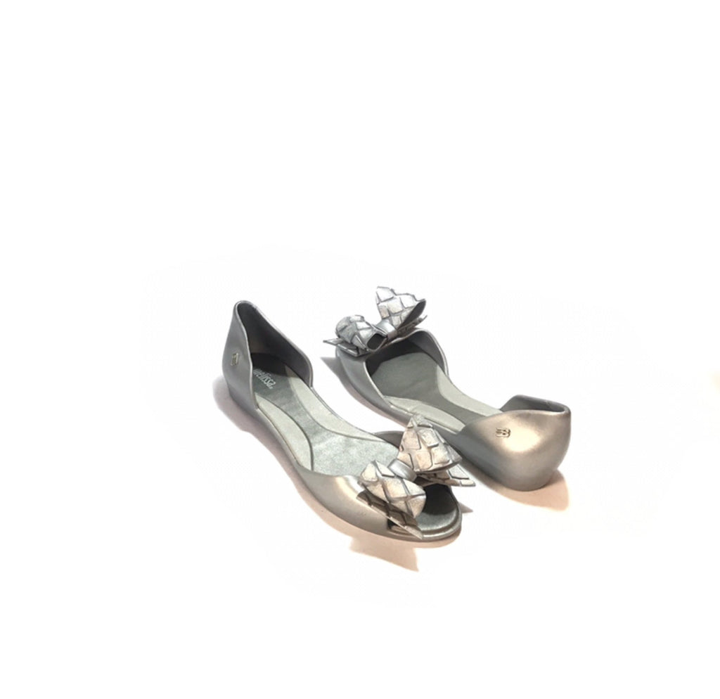 Melissa Silver Bow Peep Toe Flats | Like New |