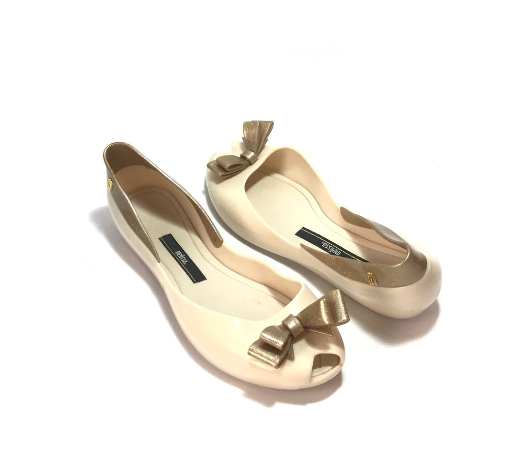 Melissa Beige with Gold Glitter Bow Peep-Toe Ballet Flats | Like New |