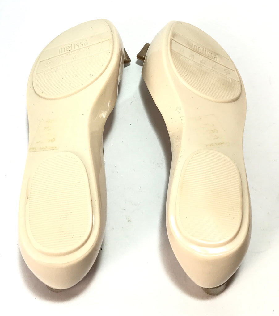 Melissa Beige with Gold Glitter Bow Peep-Toe Ballet Flats | Like New |