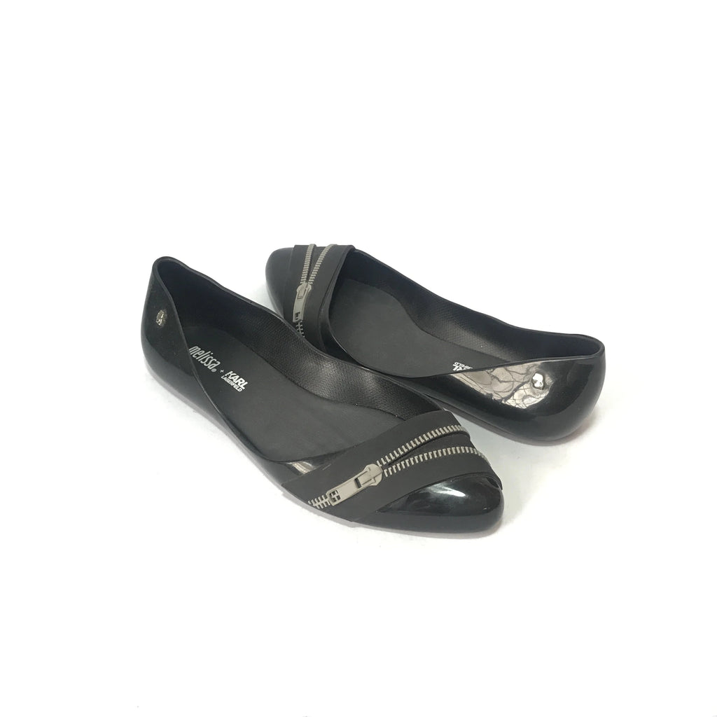 Melissa x Karl Lagerfeld 'Trippy Zip' Pointed Ballet Flats | Like New |