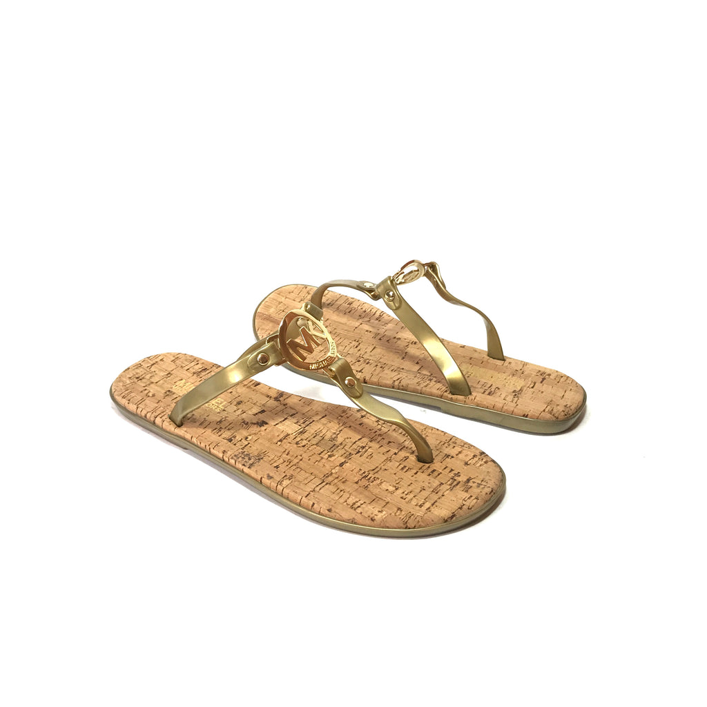 Michael Kors Gold Jelly Monogram Cork Thong Sandals | Brand New |
