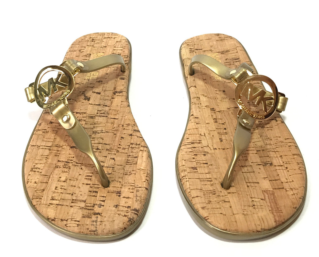 Michael Kors Gold Jelly Monogram Cork Thong Sandals | Brand New |