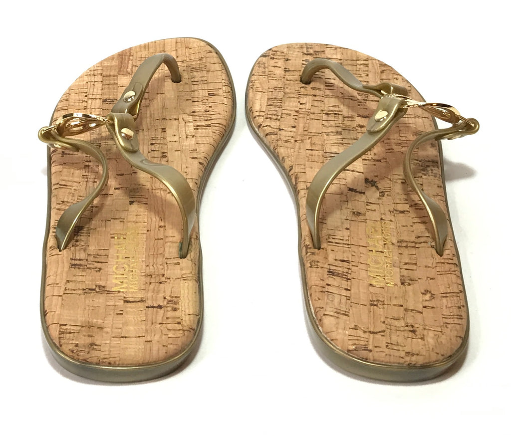 Michael Kors Gold Jelly Monogram Cork Thong Sandals | Brand New |