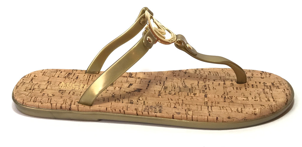 Michael Kors Gold Jelly Monogram Cork Thong Sandals | Brand New |