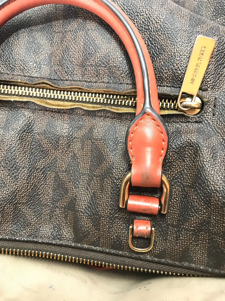 Michael Kors Monogram Tote with Coral Handles | Pre Loved |