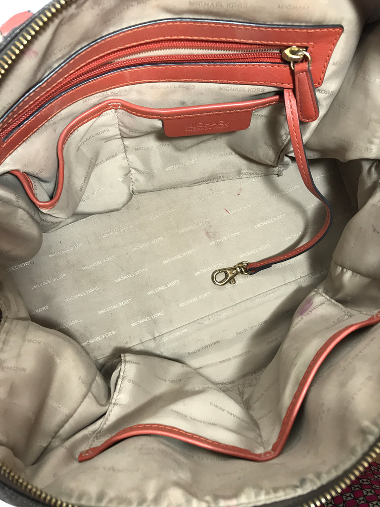 Michael Kors Monogram Tote with Coral Handles | Pre Loved |