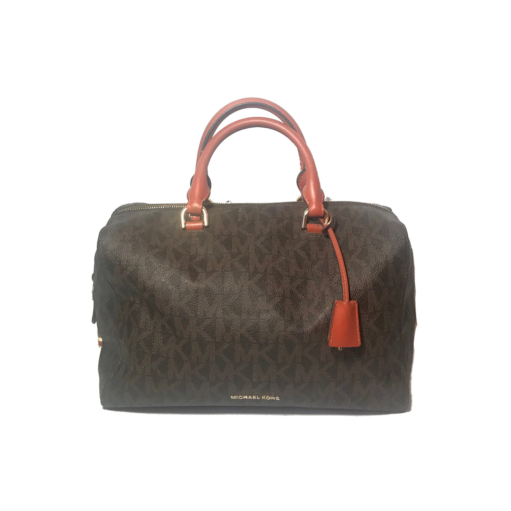 Michael Kors Monogram Tote with Coral Handles | Pre Loved |