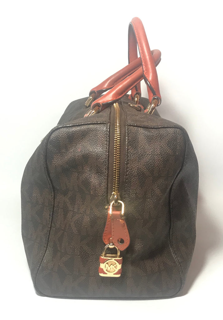 Michael Kors Monogram Tote with Coral Handles | Pre Loved |