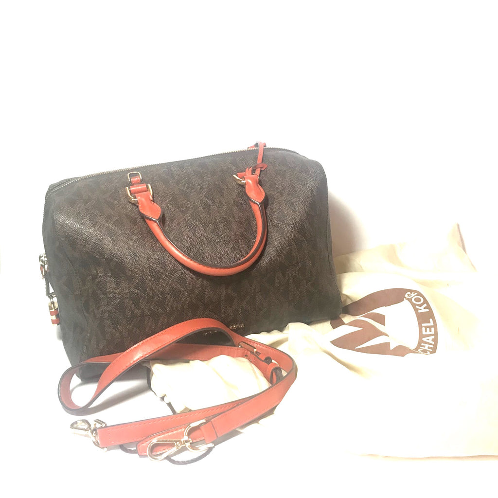 Michael Kors Monogram Tote with Coral Handles | Pre Loved |