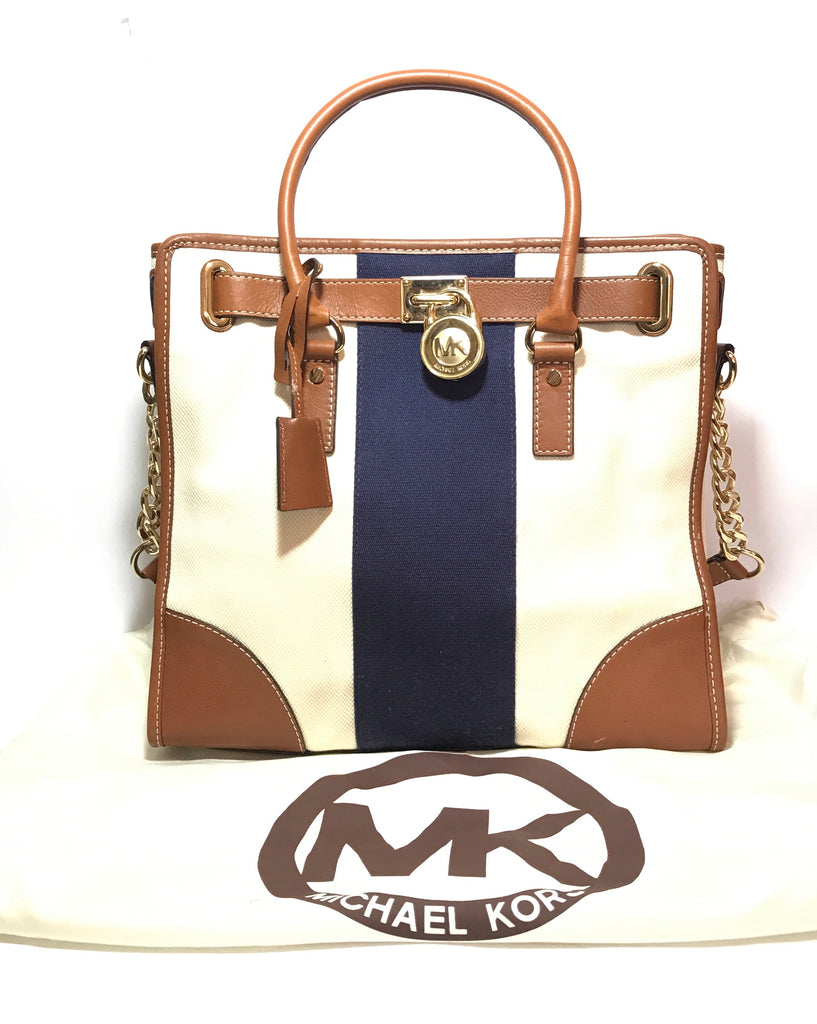 Michael Kors Navy White Canvas & Leather Large Hamilton Tote | Pre Loved |