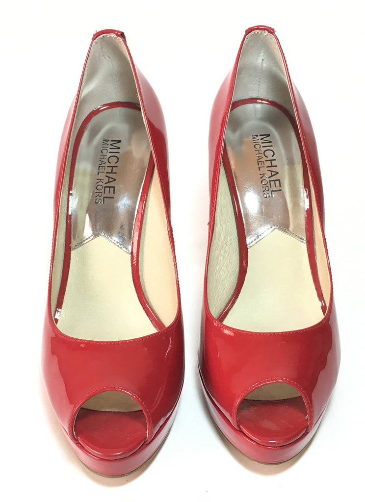 MICHAEL Michael Kors 'York Platform' Red Patent Leather Peep Toe Pumps | Like New  |