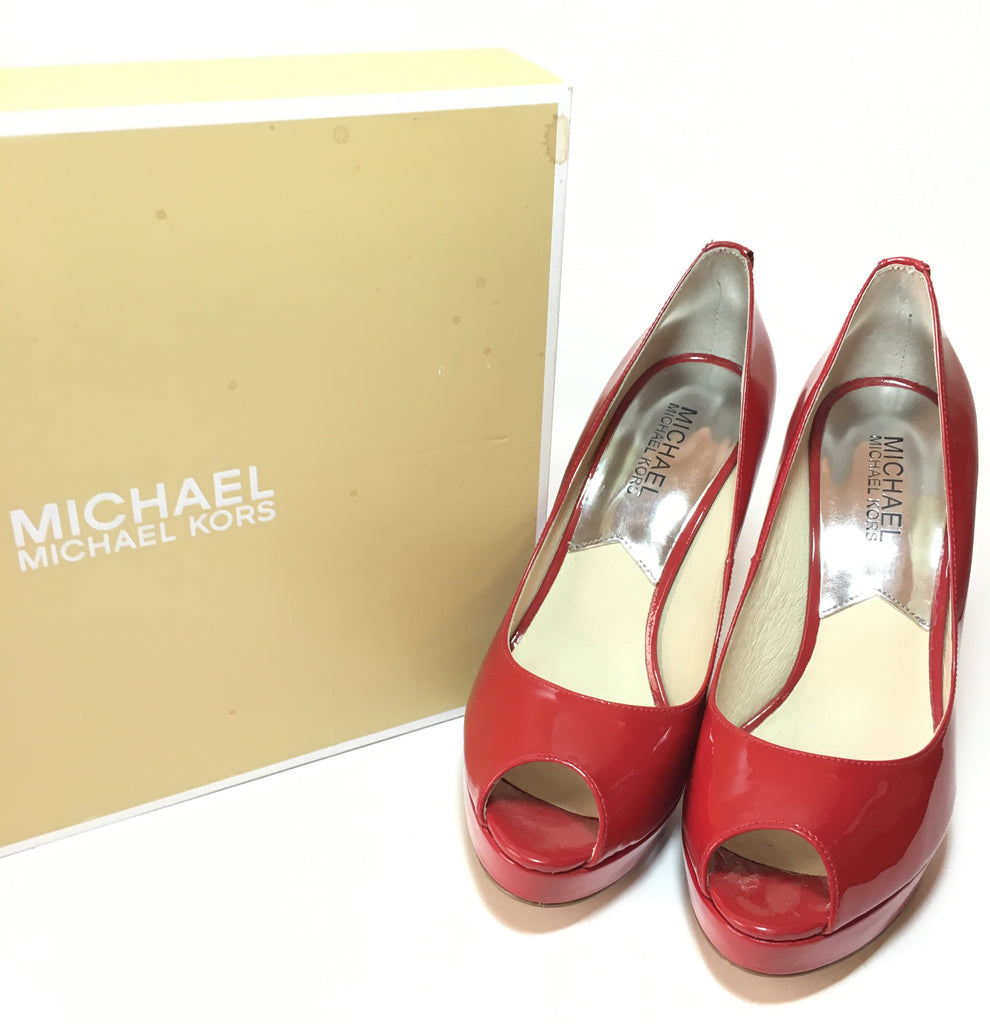 MICHAEL Michael Kors 'York Platform' Red Patent Leather Peep Toe Pumps | Like New  |