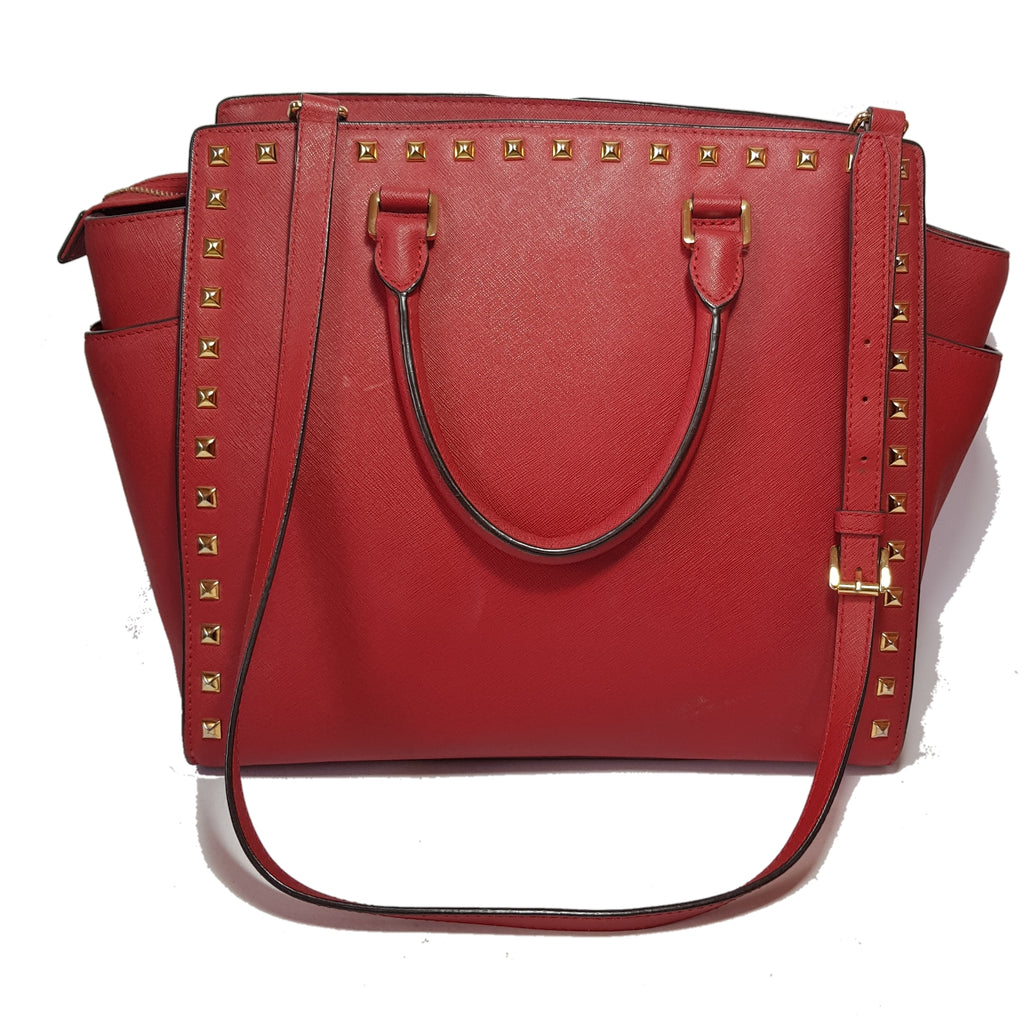 Michael Kors Large Selma Red Studded Leather Satchel | Pre Loved |