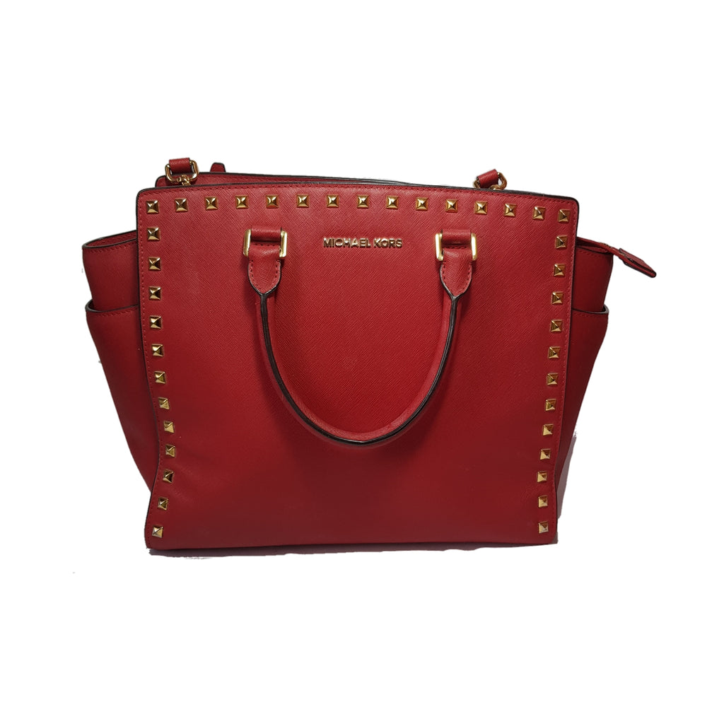 Michael Kors Large Selma Red Studded Leather Satchel | Pre Loved |